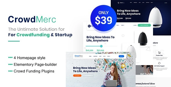 Crowdmerc Crowdfunding Startup Fundraising WordPress Theme 2.4 GPL Theme