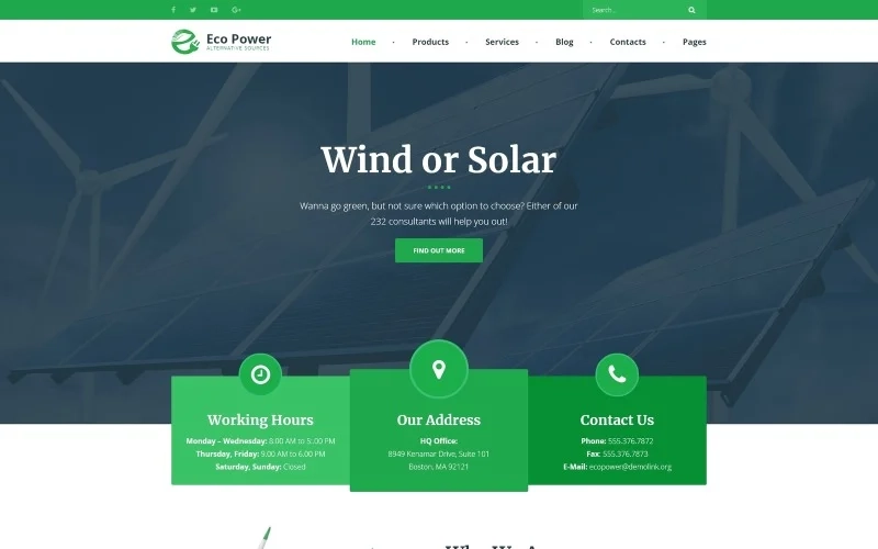 EcoPower Alternative Power Solar Energy WordPress Theme 1.0.0 GPL Theme