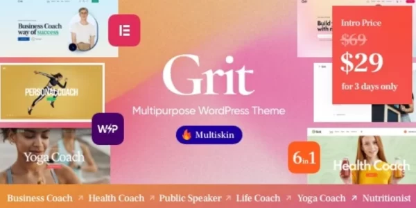 Grit Coaching Online Courses Multiskin WordPress Theme 1.0.1 GPL Theme